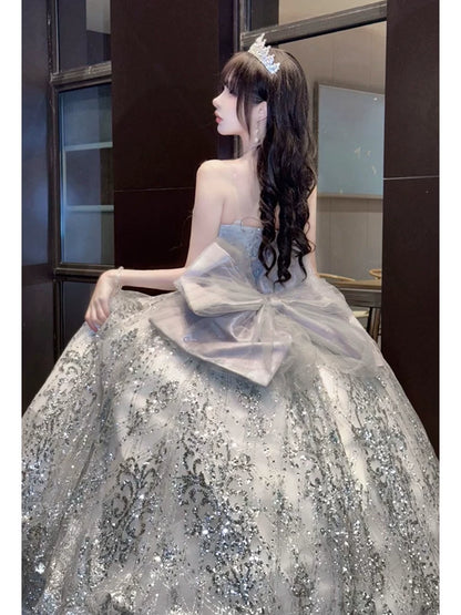 Sparkly Long Tiered Quinceañera Dresses Ball Gown Sweetheart Silver Gray Sequin Quince Dress MP125