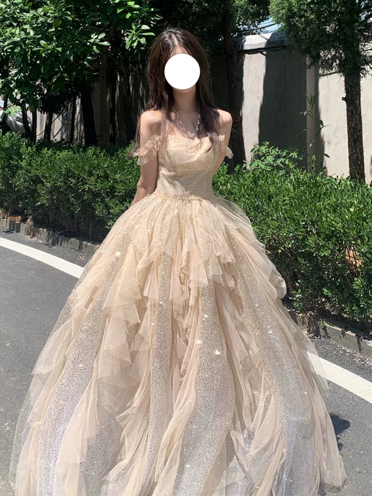 Elegant Ball Gown Spaghetti Strap Champagne Full Length Sequin Long Evening Gown Wedding Banquets Night Dresses MP160