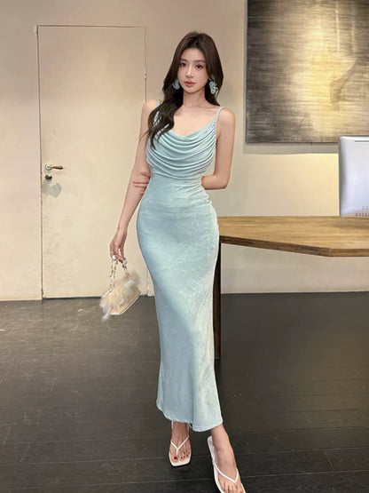Enges Spaghettiträger Brautjungfernkleid in Blau für Damen Partykleider Abend Outfits MP197