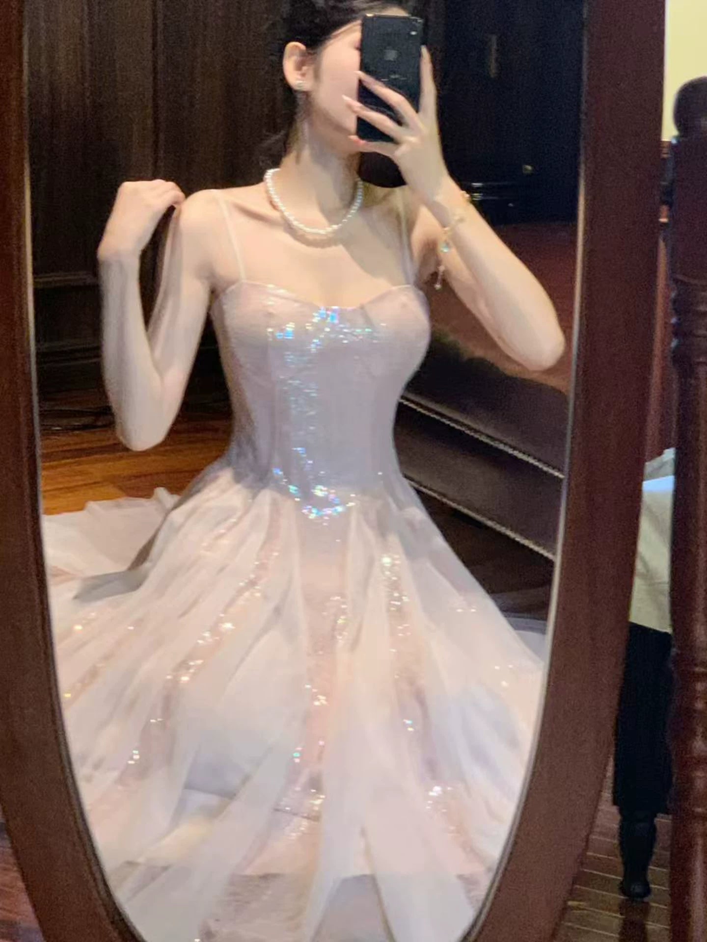 Élégante Robe de Soirée Rose Poudré à Paillettes et Bretelles Fines, Coupe Évasée, pour 18ème Anniversaire, Robes de Fête, Tenues de Plage de Vacances MP205