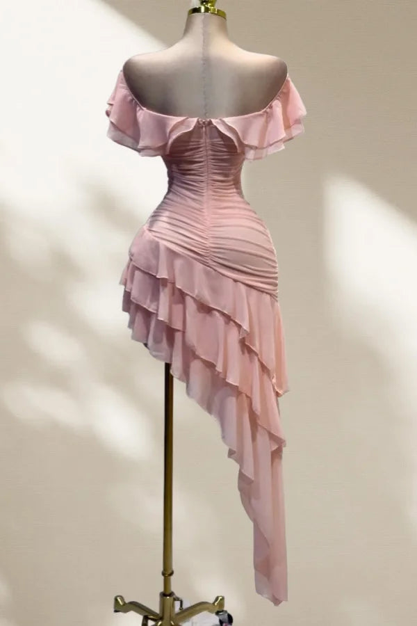 Cute Sheath Off The Shoulder Pink Chiffon Homecoming Dress 18th Birthday Party Outfits MP545
