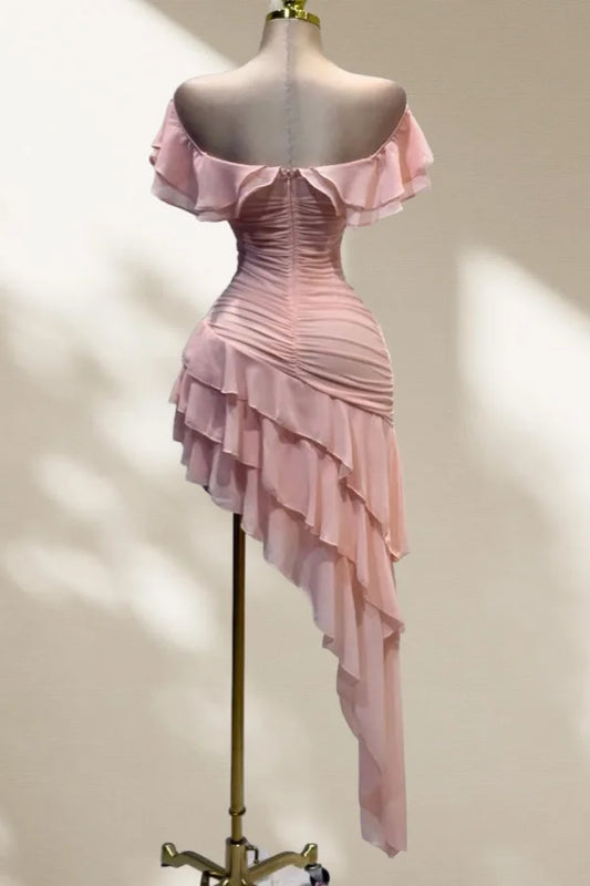 Süßes, schulterfreies, rosafarbenes Chiffon-Kleid für die Heimkehr zum 18. Geburtstag MP545