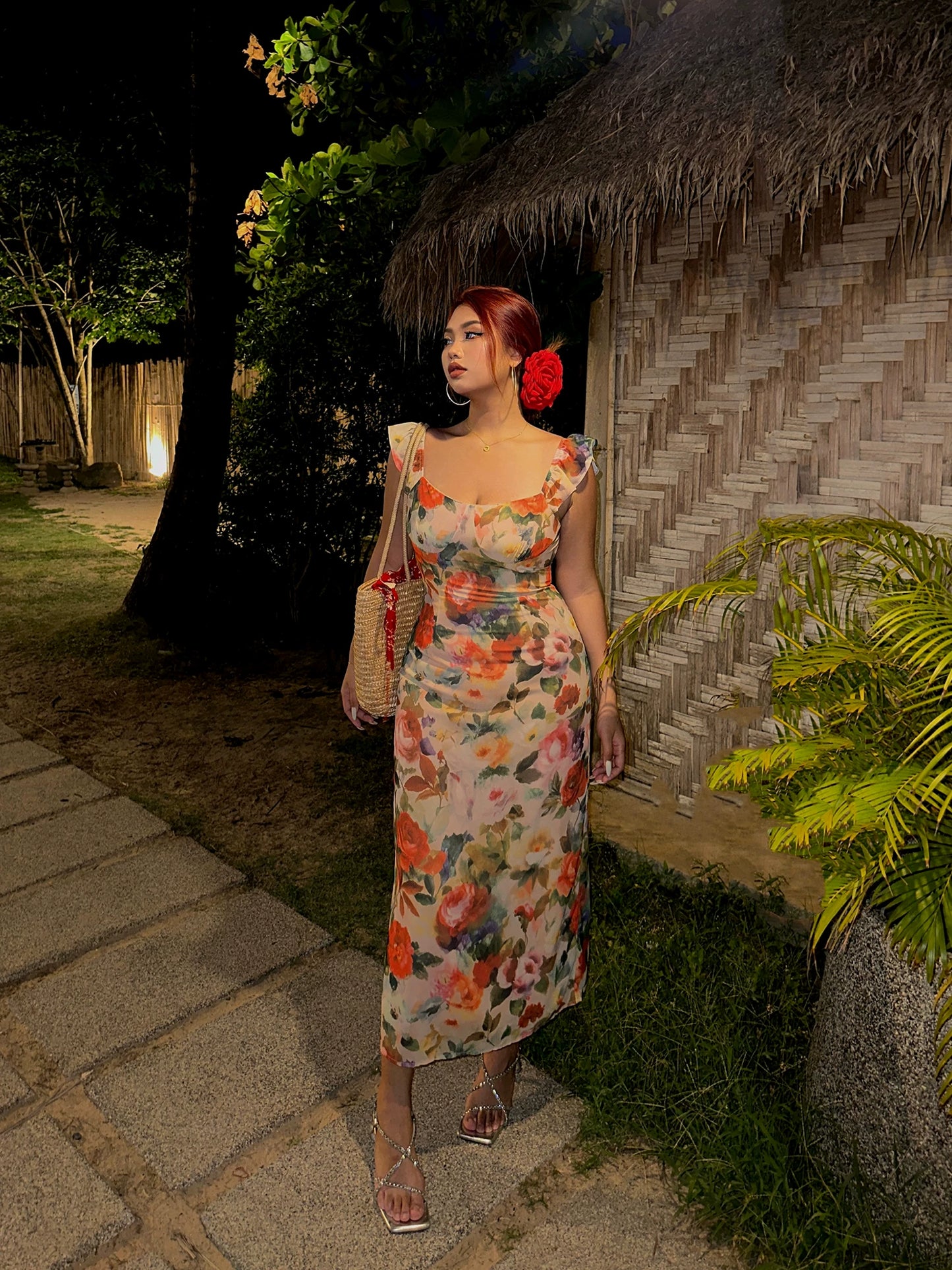 Große Größen Damen Sommer dünnes, figurbetontes Retro-Blumen-Maxikleid für den Strandurlaub MP084