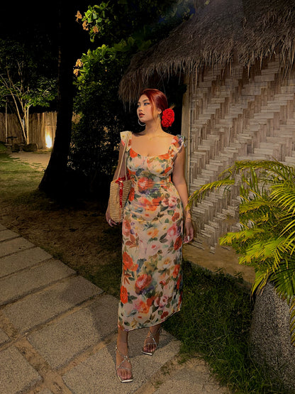 Große Größen Damen Sommer dünnes, figurbetontes Retro-Blumen-Maxikleid für den Strandurlaub MP084
