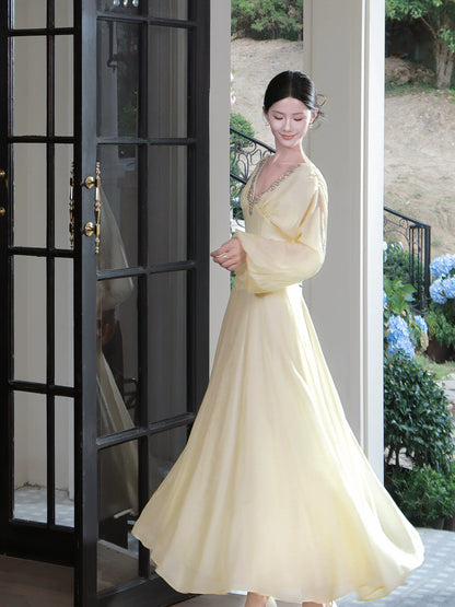 French Style A line V Neck Light Ivory With Long Sleeve Ideas For Women 21st Impress Birthday Dress Evening Night Outfit MP129