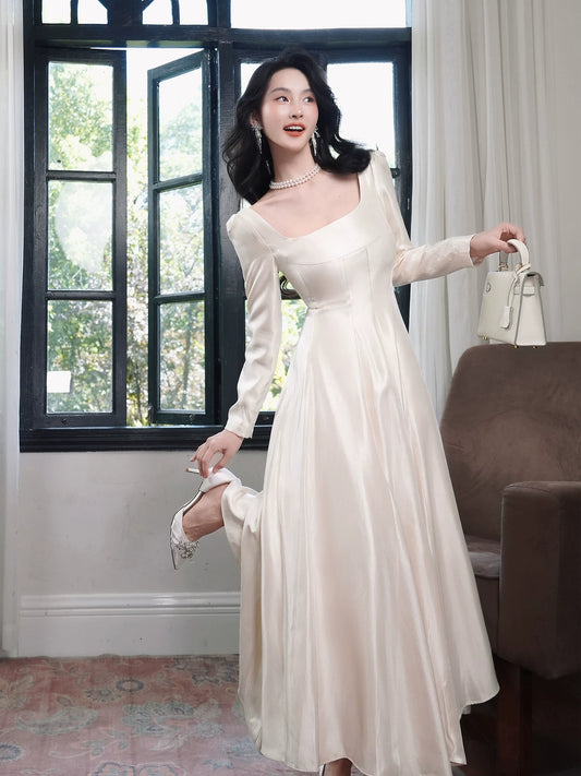 Simple A Line Square Neck White Ankle Length Ideas For Women 21st Impress Birthday Dress Evening Night Outfit MP110