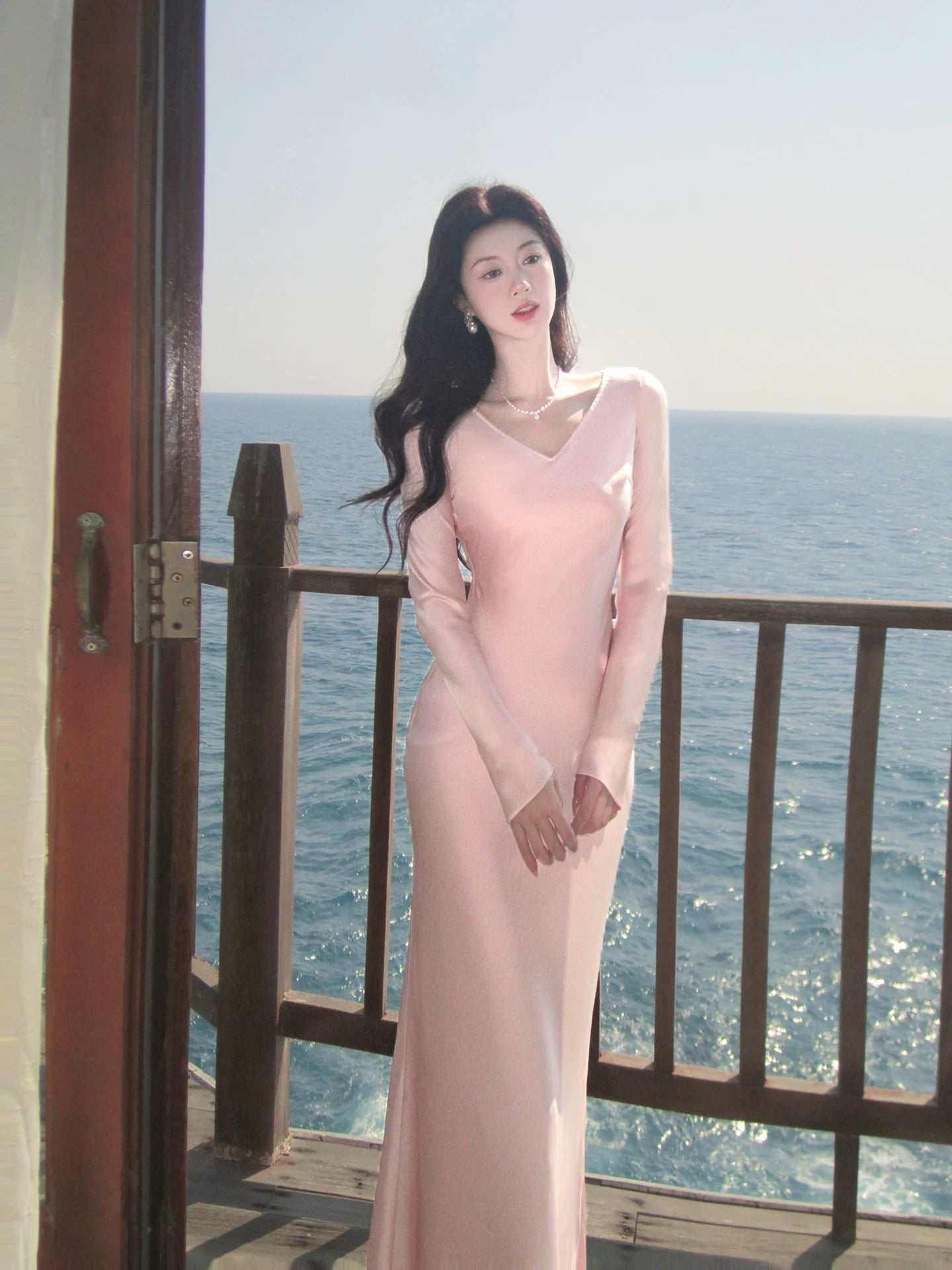 Simple Mermaid V Neck Pink With Long Sleeves Ideas For Women 18th Impress Summer Beach Prom Birthday Dresses Evening Night Outfit MP278