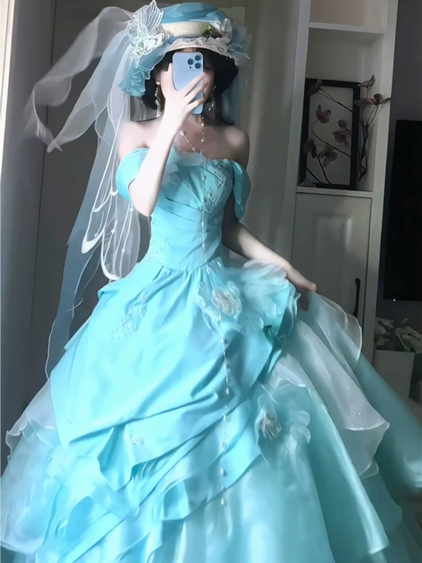 Sweet Long Tiered Quinceañera Dresses Ball Gown Off The Shoulder With Short Sleeves Blue Quince Dress MP157