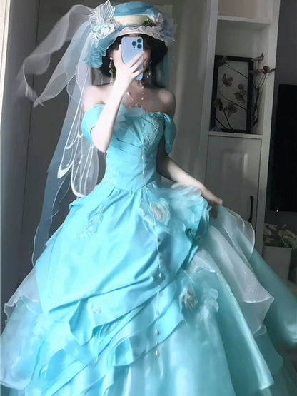 Sweet Long Tiered Quinceañera Dresses Ball Gown Off The Shoulder With Short Sleeves Blue Quince Dress MP157
