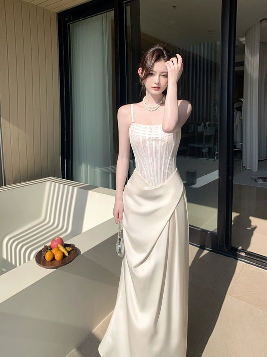 Französischer Stil Meerjungfrau Spaghettiträger Weiß Ideen für Frauen 18. Beeindruckende Sommer Strand Abschlussball Geburtstag Kleider Abend Nacht Outfit MP275