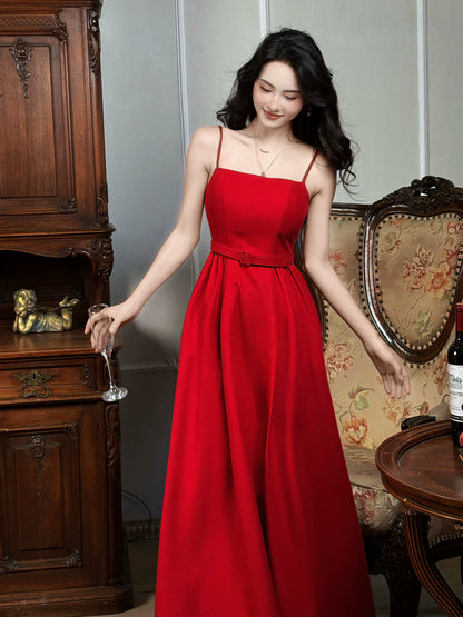 Einfaches A-Linien-Spaghettiträger-Kleid aus rotem Satin für Damen zum 21. Geburtstag, beeindruckendes Abendoutfit MP100