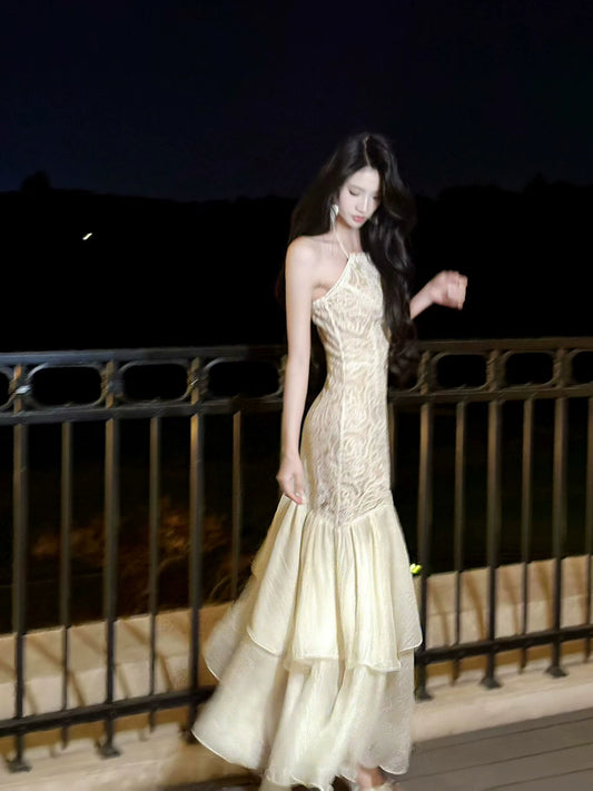 Elegant Mermaid Spaghetti Strap Champagne Lace 18th Birthday Gown For Women Party Dresses Holiday Beach Outfits MP220