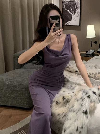 Sexy Meerjungfrau Neckholder Maxikleid in Lila für Damen Geburtstagsparty Kleider Urlaub Strand Outfits MP187