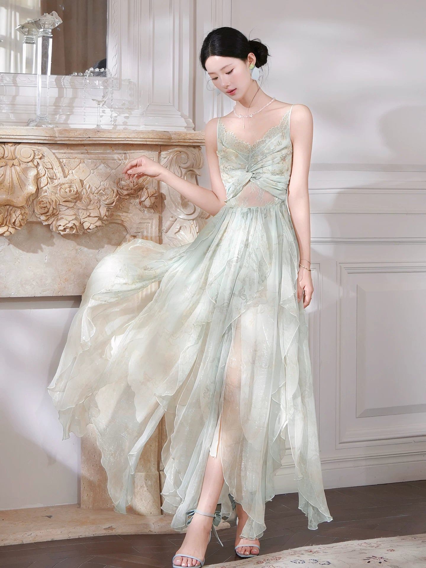 French Style Casual A Line Spaghetti Strap Green Chiffon Floral Ideas For Women 21st Impress Birthday Dress Evening Night Outfit MP130