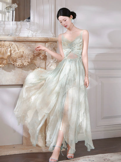 French Style Casual A Line Spaghetti Strap Green Chiffon Floral Ideas For Women 21st Impress Birthday Dress Evening Night Outfit MP130