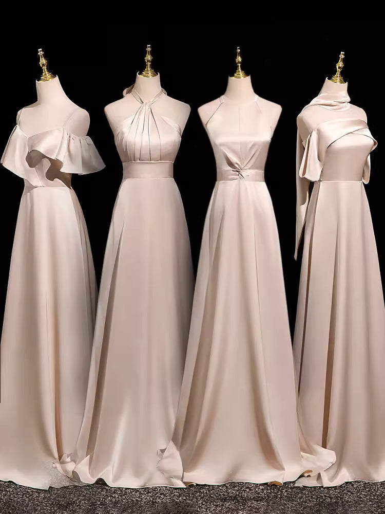 Schlichtes A-Linien-Brautjungfernkleid aus rosafarbenem Satin, bodenlang, für Frühling/Sommer MP163
