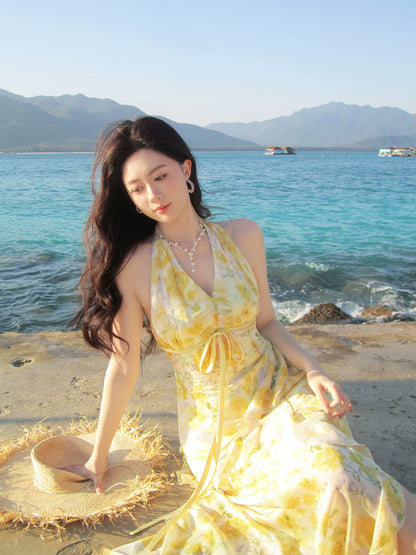 French Style A line Halter Yellow Floral Chiffon Ideas For Women 18th Impress Summer Beach Prom Birthday Dresses Evening Night Outfit MP270
