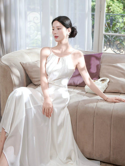 Günstige A-Linien Spaghettiträger Weißer Satin Ideen Für Frauen 18. Geburtstag Abendkleid Nacht Outfit MP117
