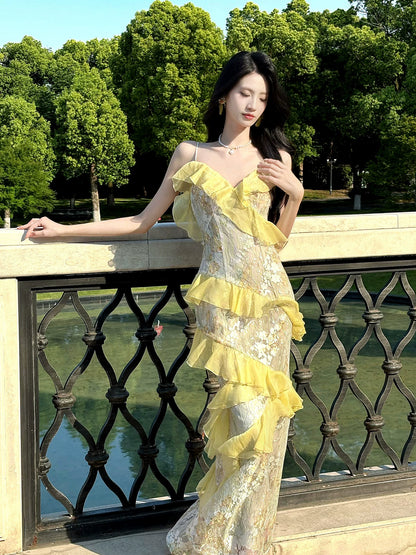 Elegant Mermaid Spaghetti Strap Yellow Lace 18th Birthday Gown For Women Party Dresses Holiday Beach Outfits MP219