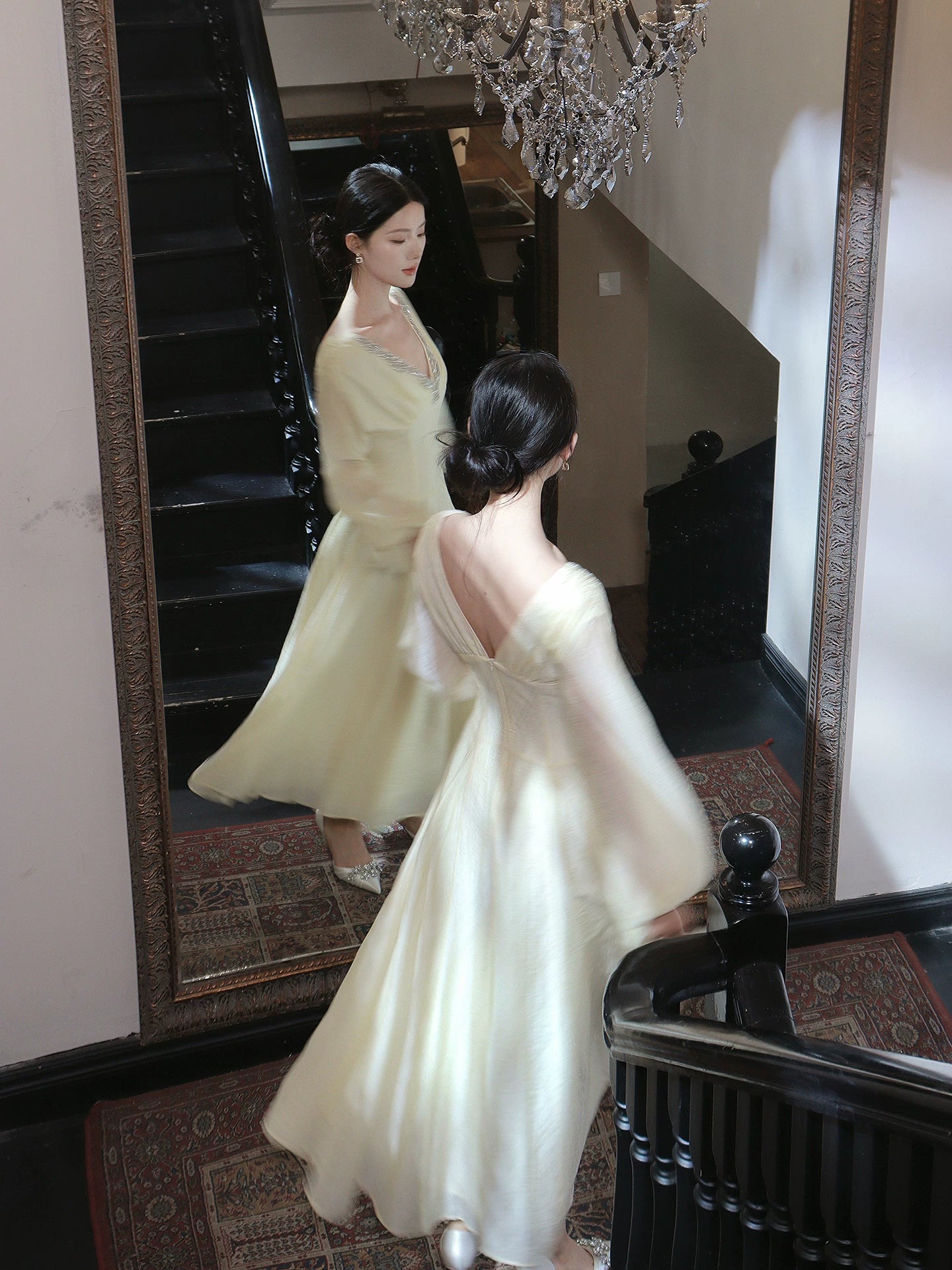 French Style A line V Neck Light Ivory With Long Sleeve Ideas For Women 21st Impress Birthday Dress Evening Night Outfit MP129