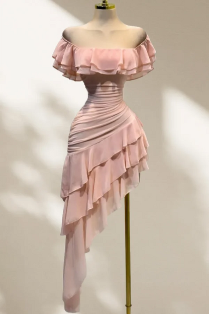 Cute Sheath Off The Shoulder Pink Chiffon Homecoming Dress 18th Birthday Party Outfits MP545