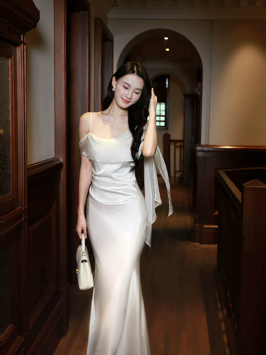 Sexy Mermaid Spaghetti Strap White Silky Satin Ideas For Women 21st Impress Birthday Dress Evening Night Outfits MP098