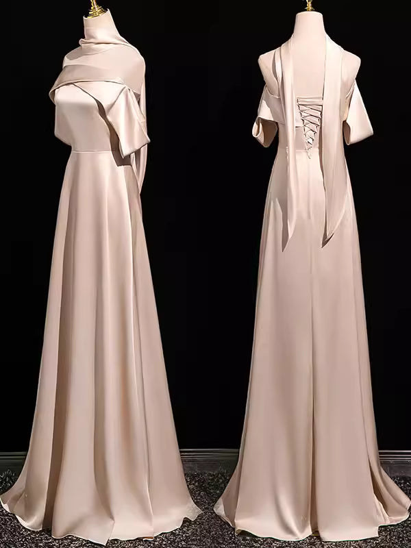 Schlichtes A-Linien-Brautjungfernkleid aus rosafarbenem Satin, bodenlang, für Frühling/Sommer MP163