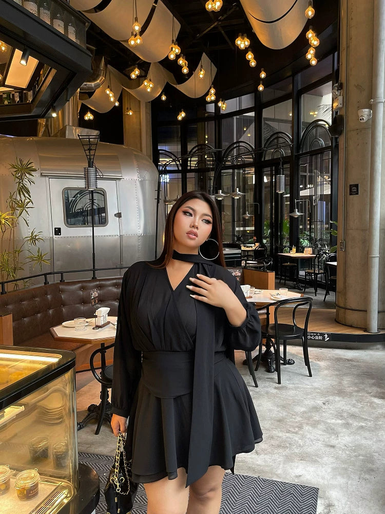 Black V-neck long-sleeved shirt dress for women plus size sexy waist-cinching slimming short holiday dress mp087