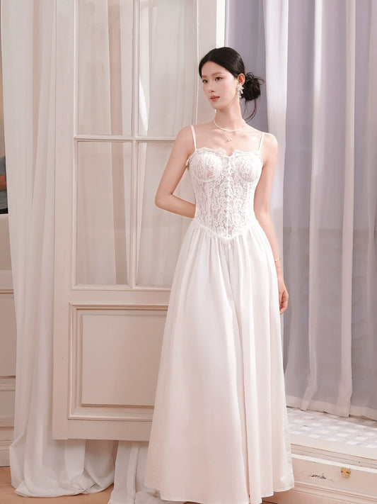 French Style Casual A Line Spaghetti Strap White Lace Ideas For Women 21st Impress Birthday Dress Evening Night Outfits MP131
