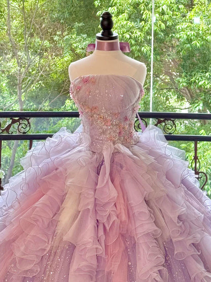 Sweet Long Tiered Quinceañera Dresses Ball Gown Strapless Lilac With Layered Ruffle Quince Dress MP162