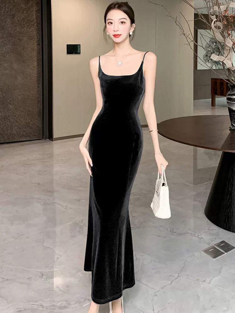 Simple Mermaid Spaghetti Strap Velvet Wedding Guest Dresses For Women Party Dresses Night Evening Outfits MP180