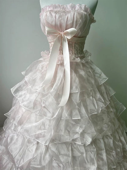 Cute Long Tiered Quinceañera Dresses Ball Gown Strapless Pearl Pink Long Sweet 16 Gown Quince Dress MP153