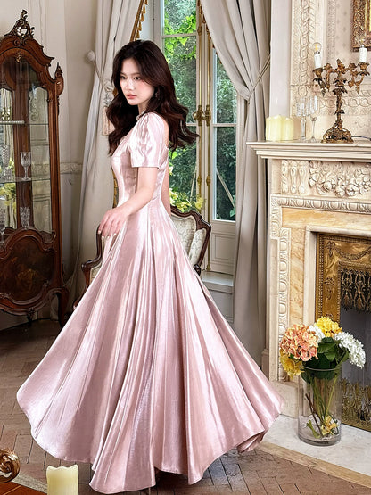 French Style Casual A line Square Neck Short Sleeves Pink Satin Ideas For Women 21st Impress Birthday Dress Evening Night Outfits MP133