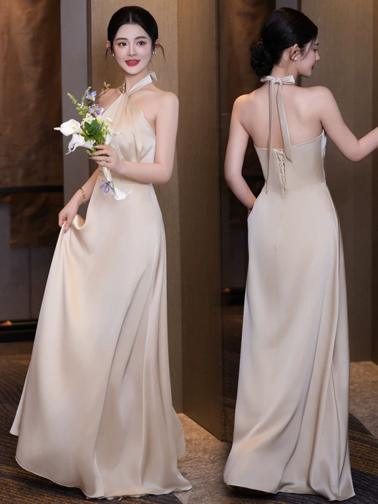 Elegantes A-Linien Neckholder Champagner Satin Bodenlanges Frühlings Sommer Brautjungfernkleid MP165