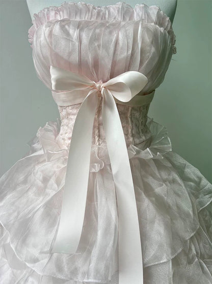 Cute Long Tiered Quinceañera Dresses Ball Gown Strapless Pearl Pink Long Sweet 16 Gown Quince Dress MP153