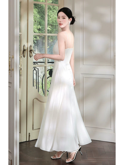 Günstige A-Linien Spaghettiträger Weißer Satin Ideen Für Frauen 18. Geburtstag Abendkleid Nacht Outfit MP117