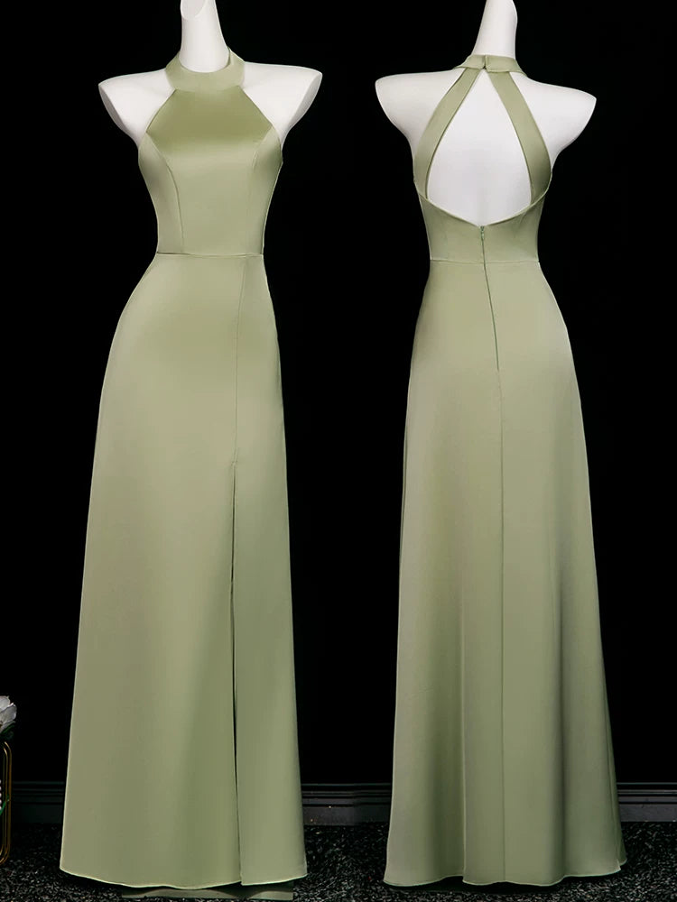 Simple A line Halter Olive Green Satin Floor Length Spring Summer Bridesmaid Dresses MP164
