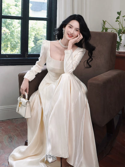 Simple A Line Square Neck White Ankle Length Ideas For Women 21st Impress Birthday Dress Evening Night Outfit MP110