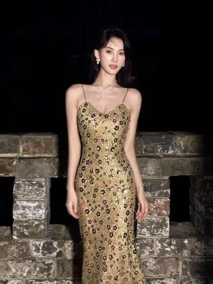 Robe de soirée à paillettes dorées pour femme, tenue de soirée à bretelles spaghetti, idéale pour un 21e anniversaire, MP099