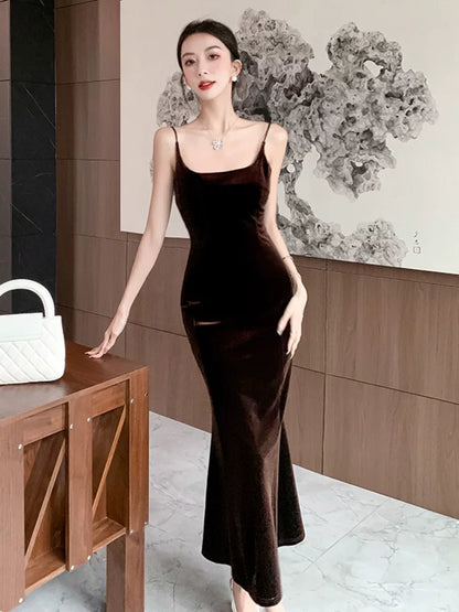 Simple Mermaid Spaghetti Strap Velvet Wedding Guest Dresses For Women Party Dresses Night Evening Outfits MP180