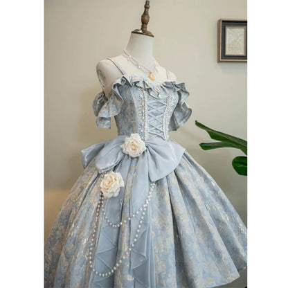 Adorables Robes de Quinceañera Longues à Volants, Robe de Bal à Bretelles Fines, Dentelle Bleue, Robe de Quince Rose MP150