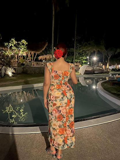 Große Größen Damen Sommer dünnes, figurbetontes Retro-Blumen-Maxikleid für den Strandurlaub MP084