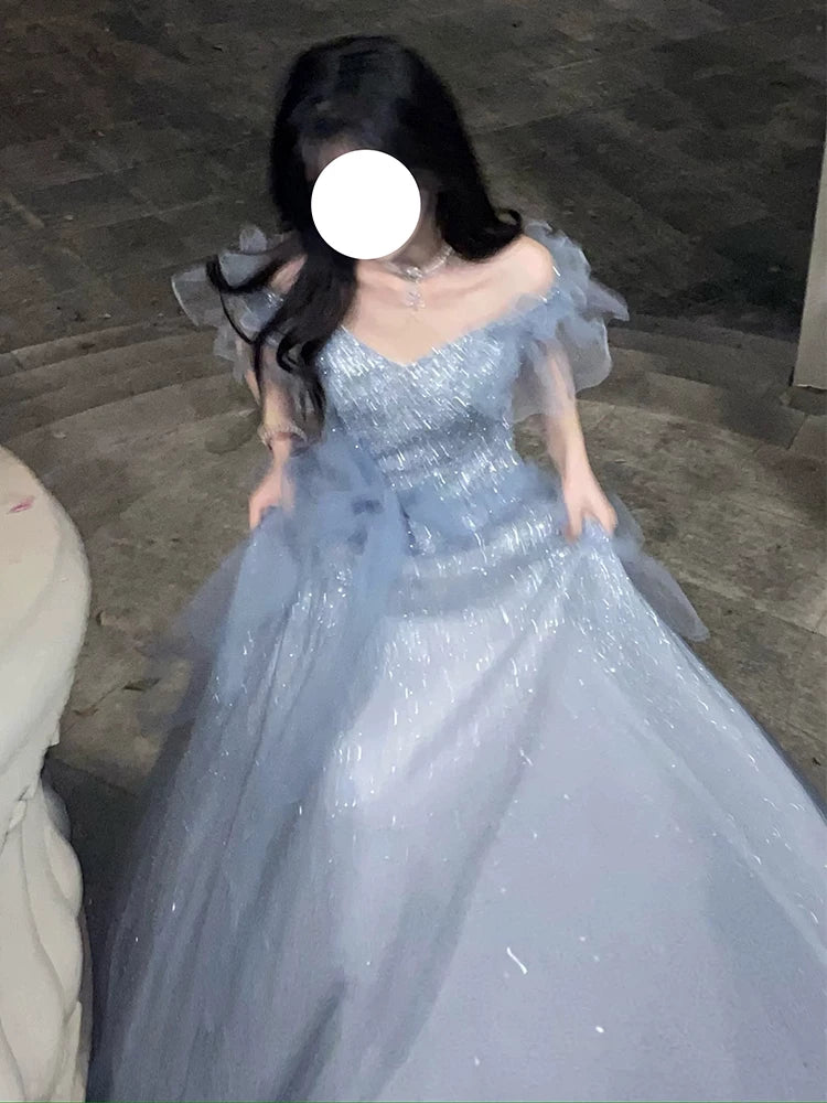 Elegant Ball Gown Off The Shoulder Blue With Sequin Sleeves Full Length Long Evening Gown Wedding Banquets Night Dresses MP153