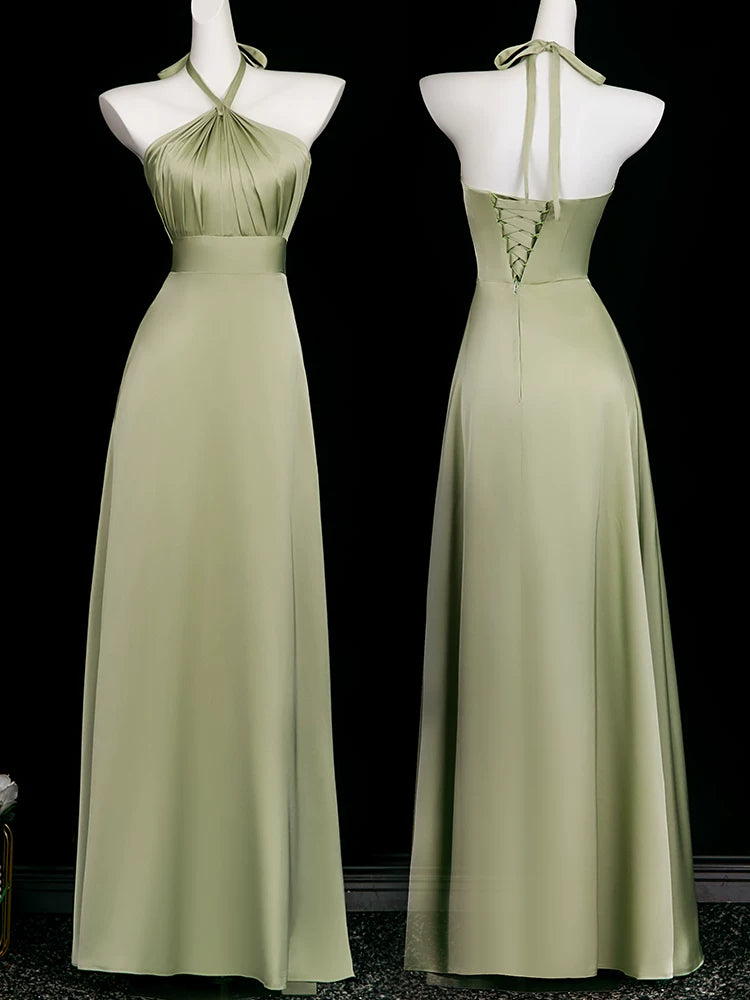 Simple A line Halter Olive Green Satin Floor Length Spring Summer Bridesmaid Dresses MP164