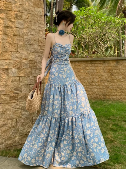 Sexy A-Linien Spaghettiträger Blumenmuster Blau Rückenfrei Langes Geburtstagskleid Für Damen Partykleider Lange Urlaub Strand Outfits MP181