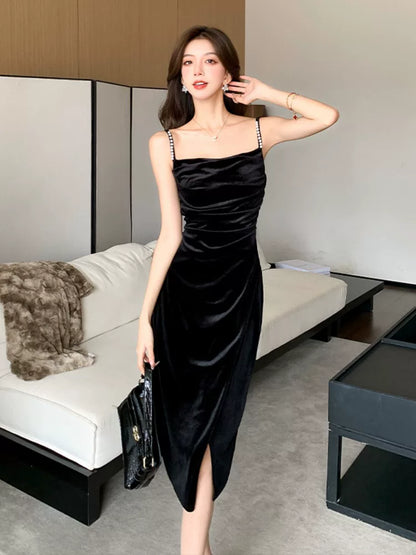 Sexy Sheath Spaghetti Strap Black Velvet Tea Length Birthday Gown For Women Party Dresses Holiday Beach Outfits MP184