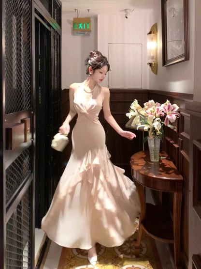Meerjungfrauenkleid im französischen Stil, Neckholder, rosa Chiffon-Lagen, für Damen, Partykleid, lange Abendgarderobe MP169