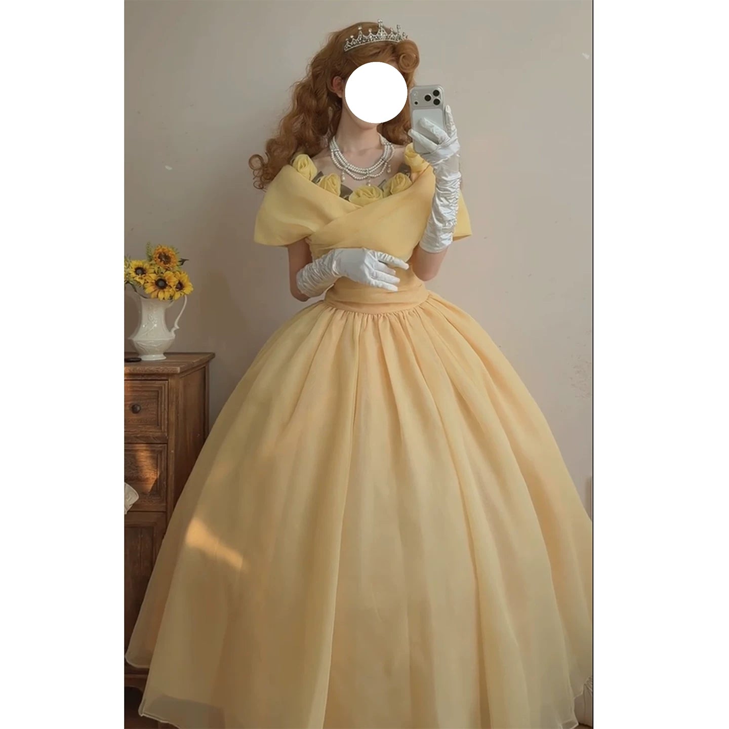 Sweet Long Tiered Quinceañera Dresses Ball Gown Off The Shoulder With Short Sleeves Yellow Floral Quince Dress MP158
