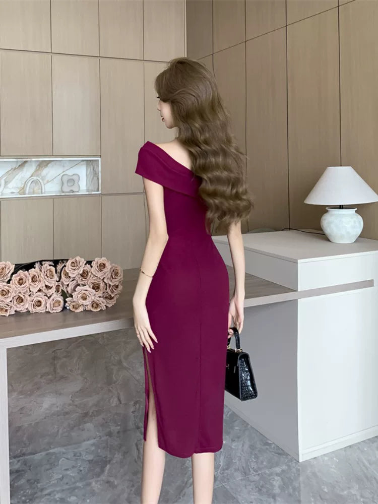Robe d'anniversaire sirène simple en satin fuchsia, épaules dénudées pour femmes, robes de soirée, tenues de plage de vacances MP190