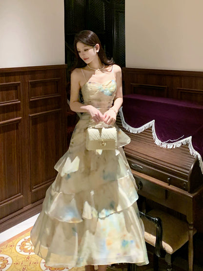 Robe de soirée sirène vintage en mousseline de soie verte à bretelles spaghetti et imprimé floral pour femme, robe de fête d'anniversaire pour ses 18 ans, tenues de plage pour les vacances MP208